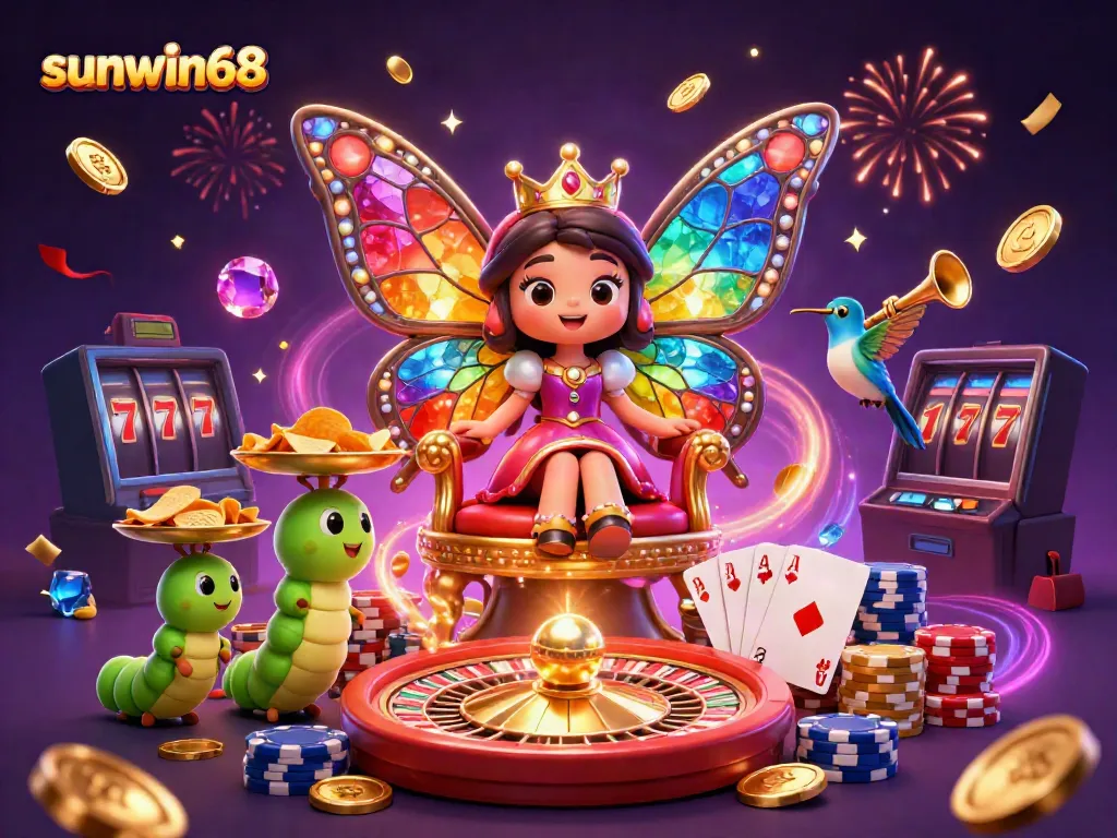 Win big at sunwin68 with a vibrant scene showcasing a butterfly queen amid casino excitement.