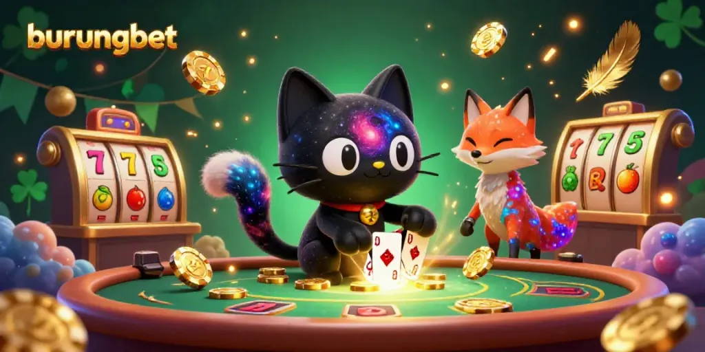 Experience the excitement of burungbet with a cosmic casino scene featuring a playful black hole cat and colorful nebula fox.