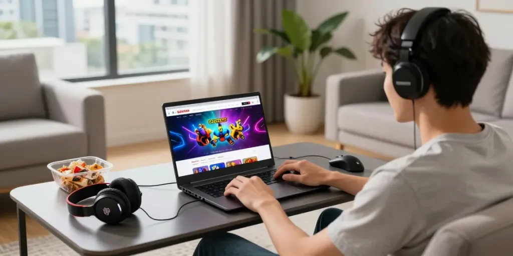 Davo88 online gaming experience in a cozy living room with vibrant platform visuals.