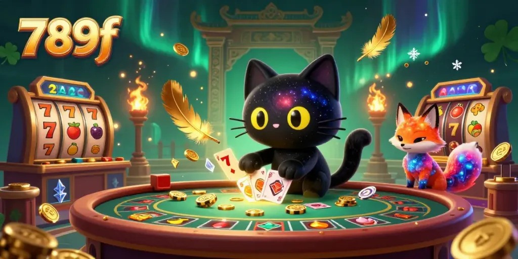 Experience vibrant gaming at 789f with a cosmic cat and fox interacting at a dynamic casino table.