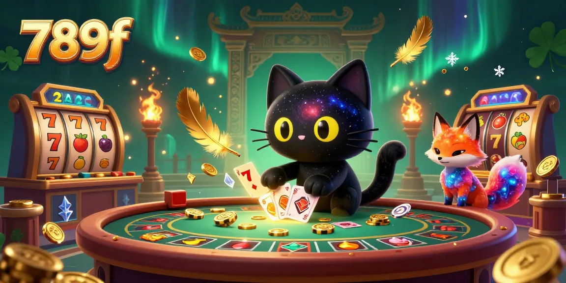 Experience vibrant gaming at 789f with a cosmic cat and fox interacting at a dynamic casino table.