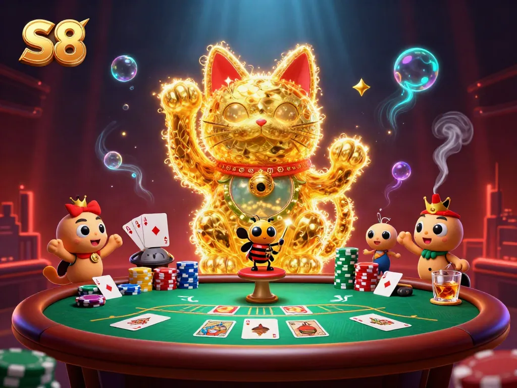 Experience the excitement of S8 with dynamic casino elements and a vibrant lucky cat character.