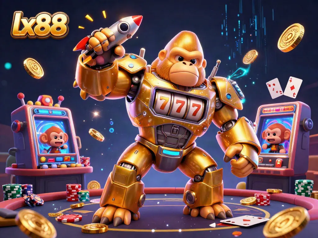Experience exciting gameplay with lx88, featuring a golden gorilla mech in a vibrant casino scene.