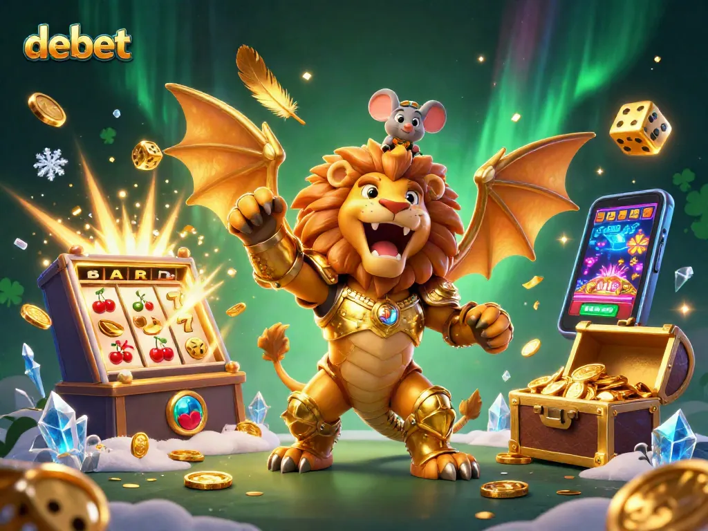 Experience the excitement of debet with vibrant casino games and a triumphant chimera creature.