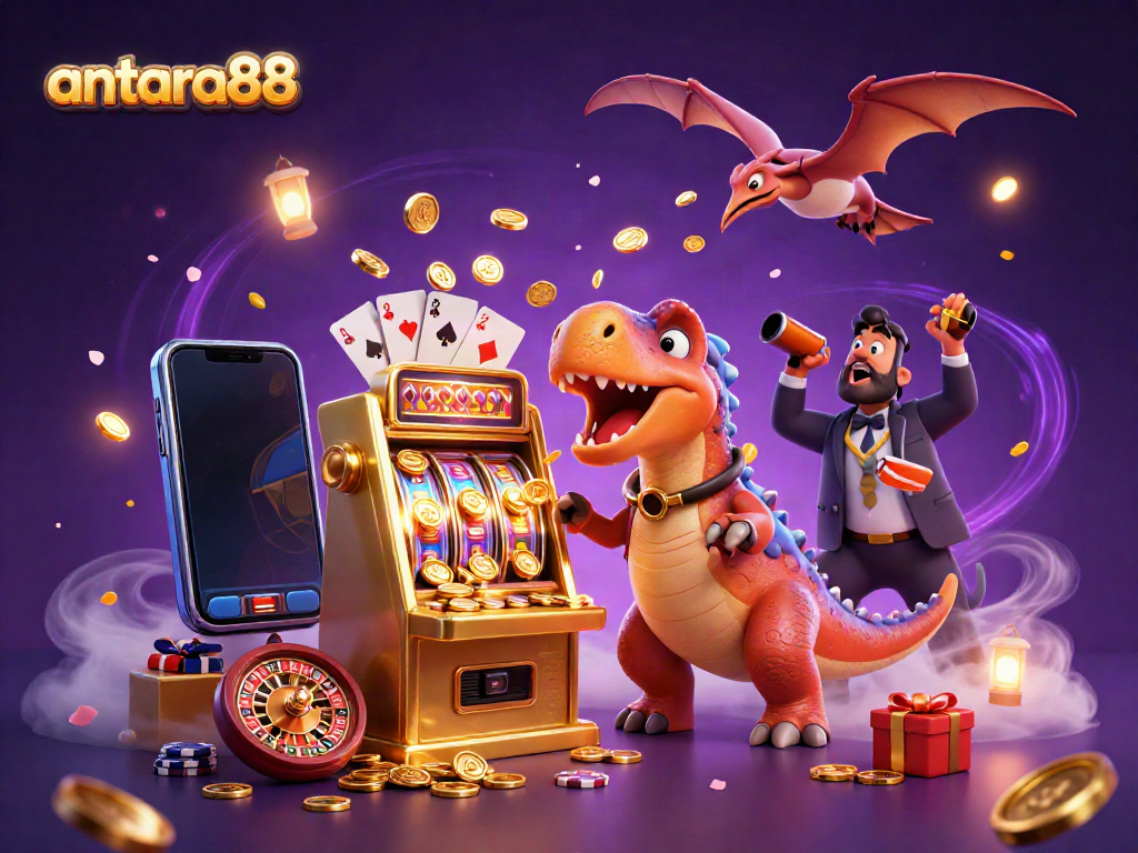 Experience excitement at antara88 with a pachycephalosaurus winning a jackpot while a pteranodon catches flying coins.