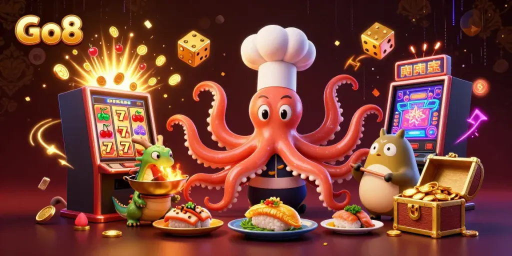 Go8 jackpot scene showcasing an octopus chef, dragon, and tanuki with vibrant casino games.