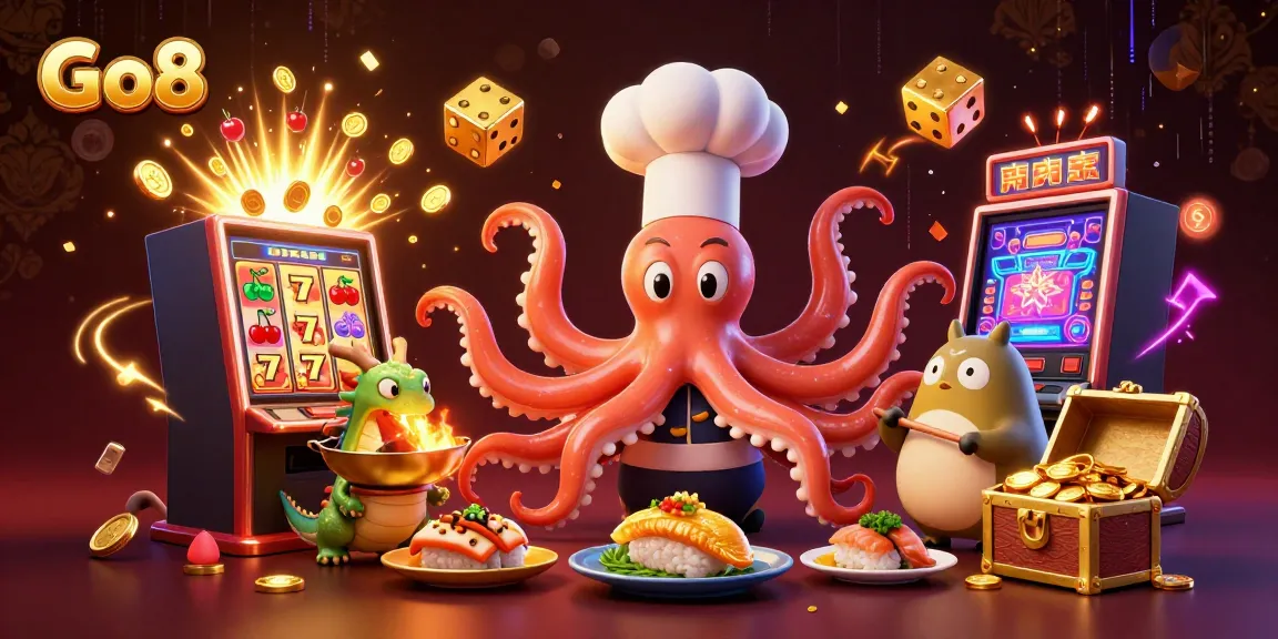 Go8 jackpot scene showcasing an octopus chef, dragon, and tanuki with vibrant casino games.