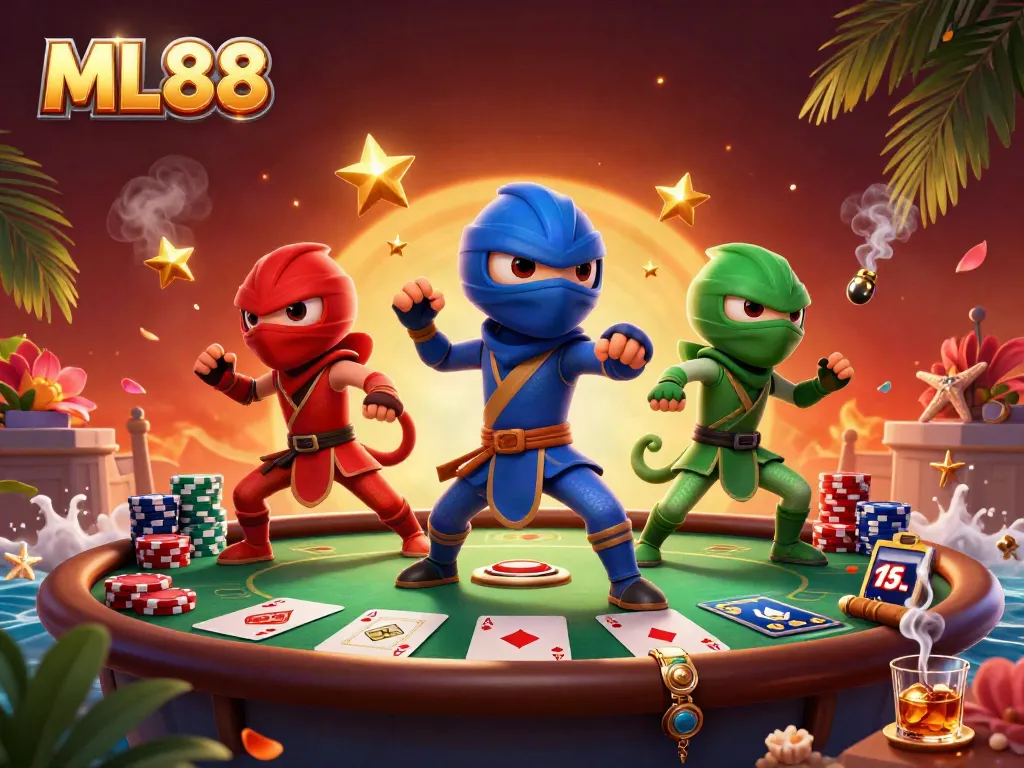 ML88 showcases a vibrant scene with cartoon chameleons battling at a poker table, filled with excitement and colors.