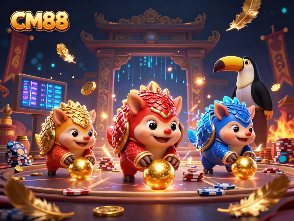 Experience CM88 in a vibrant casino scene with rival pangolins and poker chips.