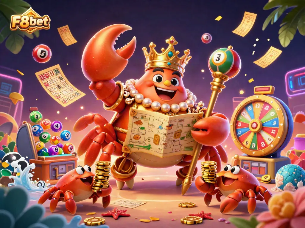 Experience the vibrant gaming world of F8bet with a golden crab emperor amidst lottery elements and treasure.