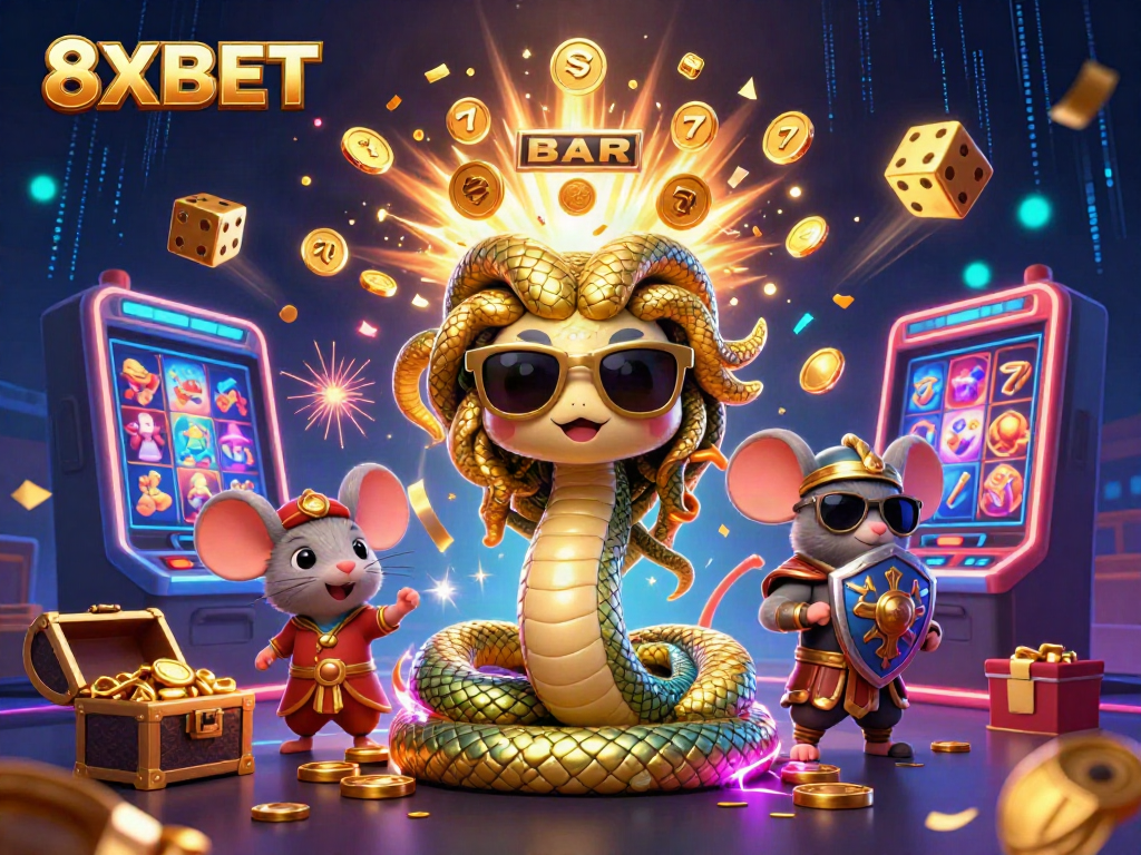 Experience thrilling jackpots at 8XBET with a vibrant casino-themed 3D scene full of excitement.