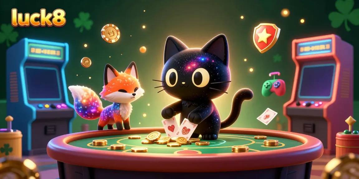 Experience the excitement at the luck8 cosmic casino with playful characters attracting golden chips and cards.