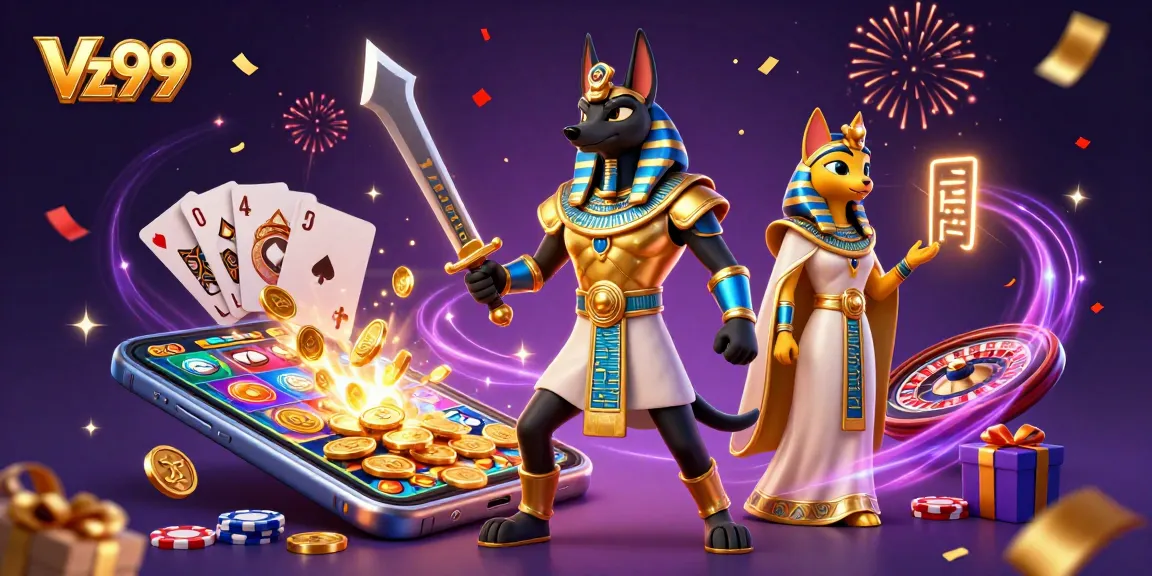 Experience Vz99 gaming thrills with Anubis and Bastet in an energetic casino scene.