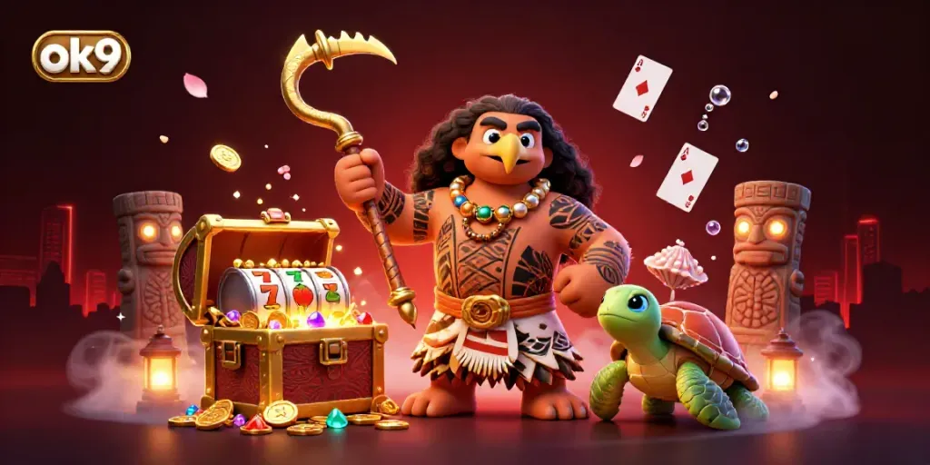 Spin the reels for an exciting ok9 experience, featuring vibrant casino symbols and dynamic character action.