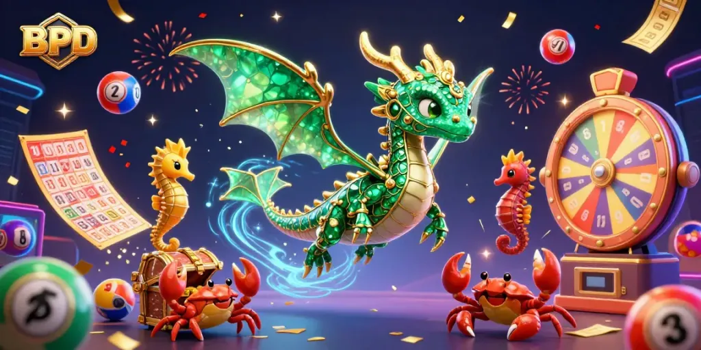 BPD-themed vibrant illustration featuring a sea dragon and lottery elements, celebrating exciting gaming moments.