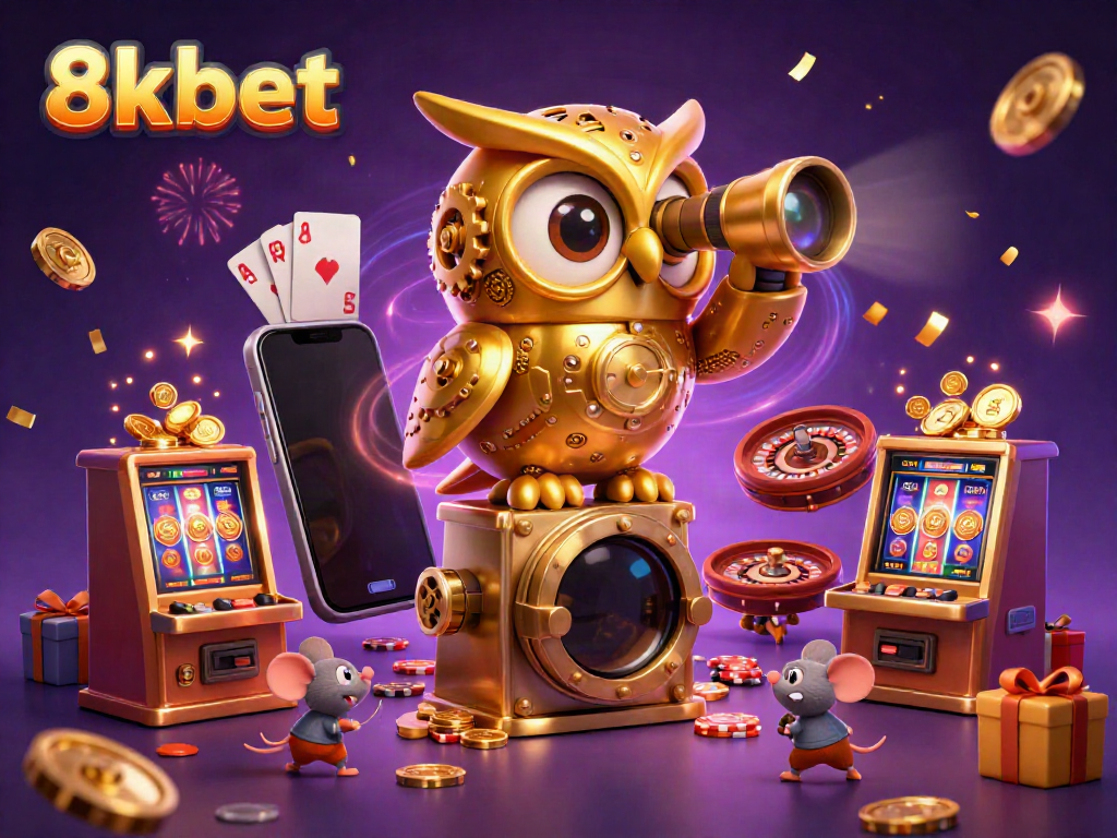 Engage with the thrilling world of 8xbet as a golden owl watches over a vibrant casino scene with animated slot machines and gold coins.