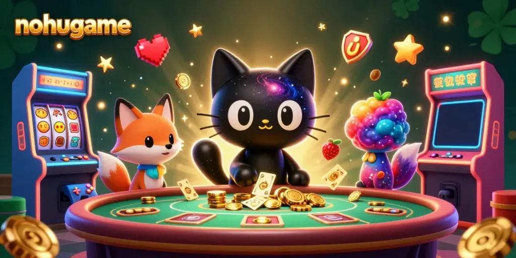 Catch the excitement of nohugame with a cosmic casino scene featuring unique characters and vibrant slot elements.