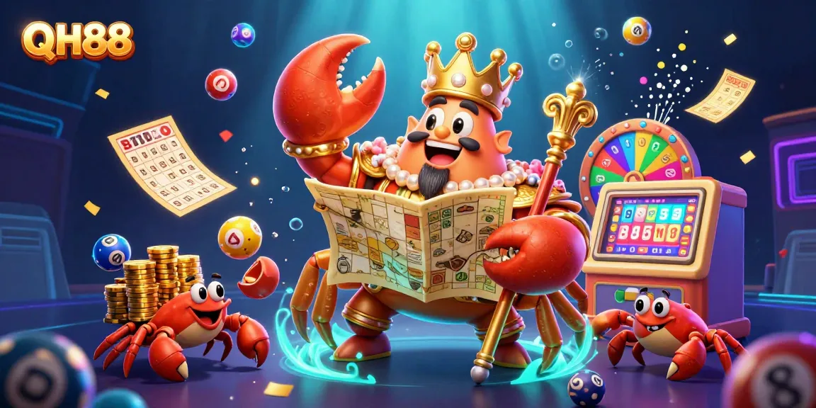 Experience the vibrant thrill of QH88 with a treasure-filled scene featuring a golden crab emperor and exciting game elements.