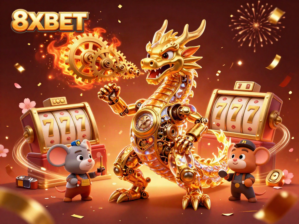 Experience the excitement of 8XBET with golden dragon and vibrant slot elements in a dynamic 3D casino scene.