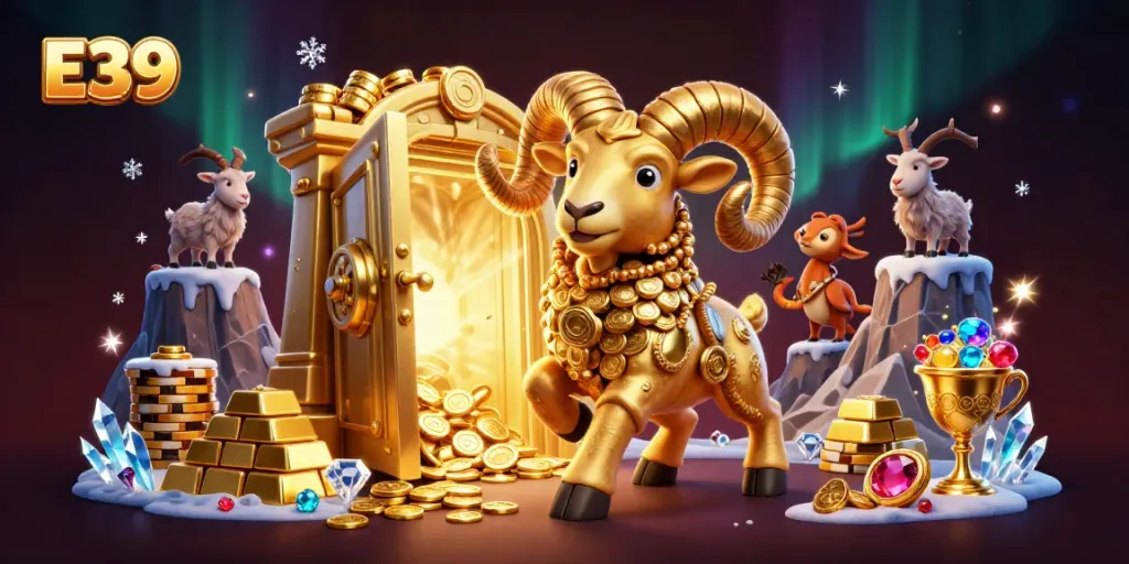 E39's exciting online gaming scene with a golden ram and casino elements, showcasing vibrant action.