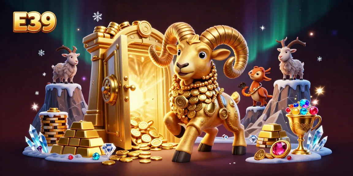E39's exciting online gaming scene with a golden ram and casino elements, showcasing vibrant action.