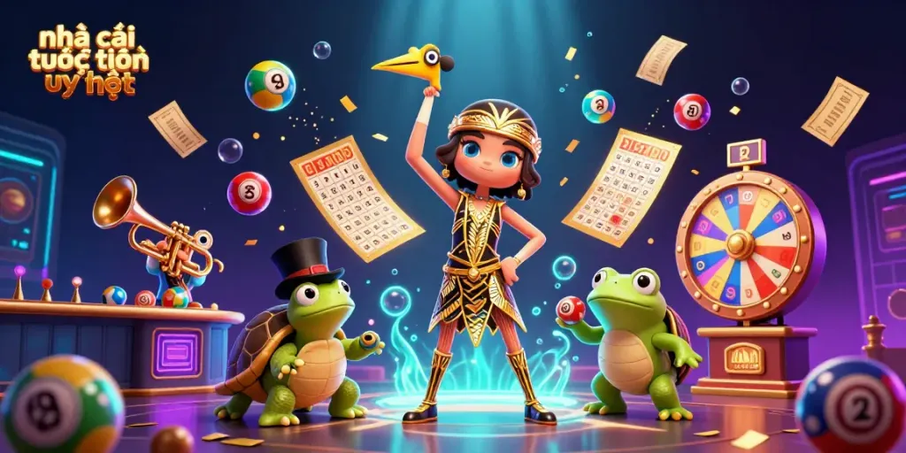 Engaging 3D illustration showcasing nhà cái trực tuyến uy tín with lively casino elements, colorful lottery balls, and vibrant game symbols.