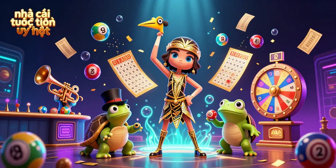 Engaging 3D illustration showcasing nhà cái trực tuyến uy tín with lively casino elements, colorful lottery balls, and vibrant game symbols.