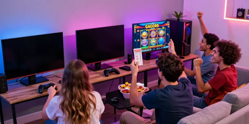 Kumpulan teman merayakan kemenangan game slot gacor dalam suasana yang ceria dan modern.