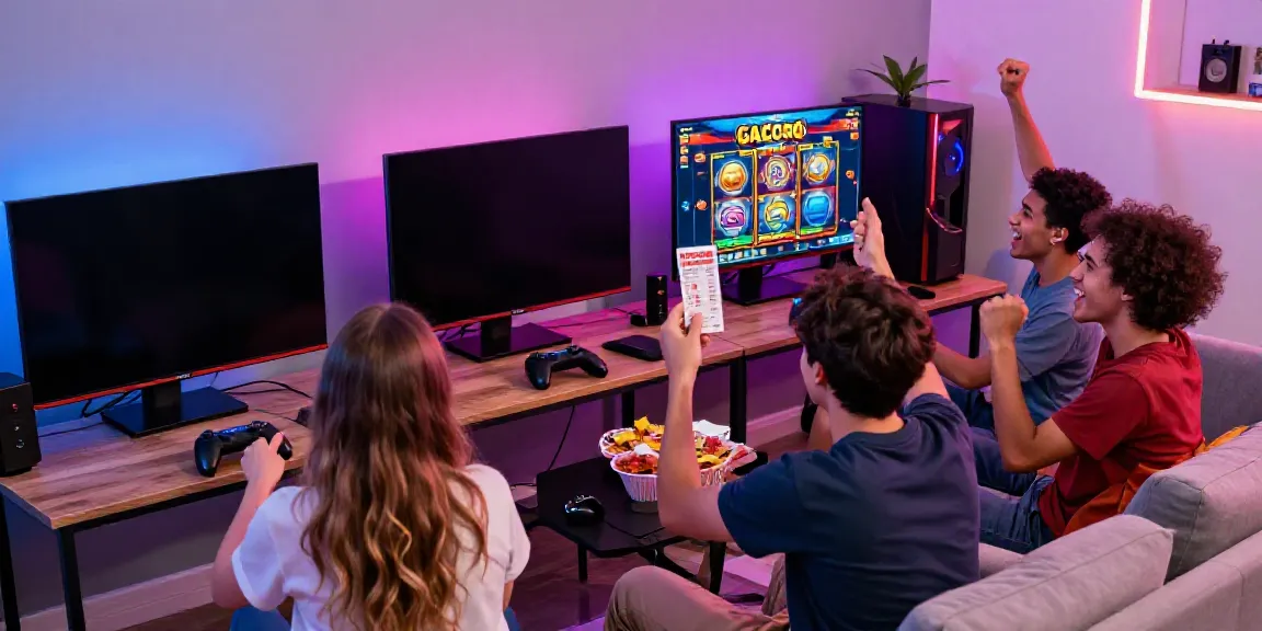 Kumpulan teman merayakan kemenangan game slot gacor dalam suasana yang ceria dan modern.