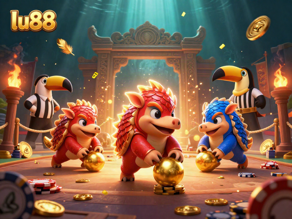 Engage with lu88's thrilling casino experience, featuring rival pangolins competing amid vibrant casino elements.