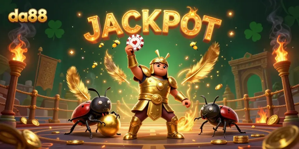 Engage in thrilling da88 action as a beetle champion lifts a poker chip in victory at a vibrant gaming arena.