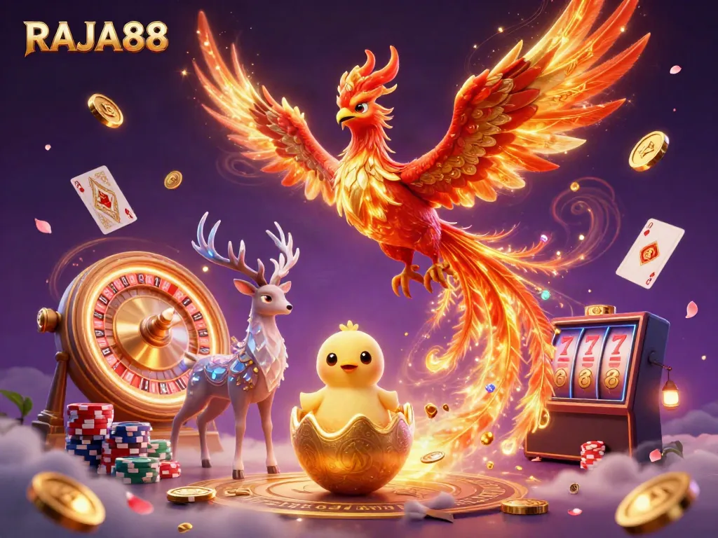 Experience the thrill of RAJA88 with a vibrant casino scene featuring soaring phoenixes, golden coins, and spinning roulette.
