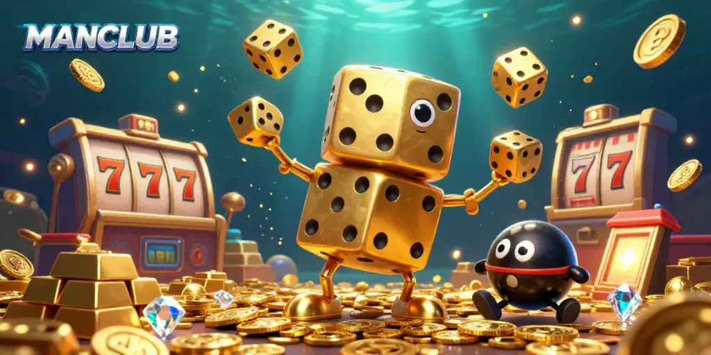 Engage with MANCLUB’s vibrant casino experience featuring golden dice, slot reels, and treasure.