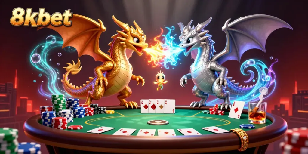 Win big with 8xbet at a lively casino setting featuring dynamic poker action and dragons.