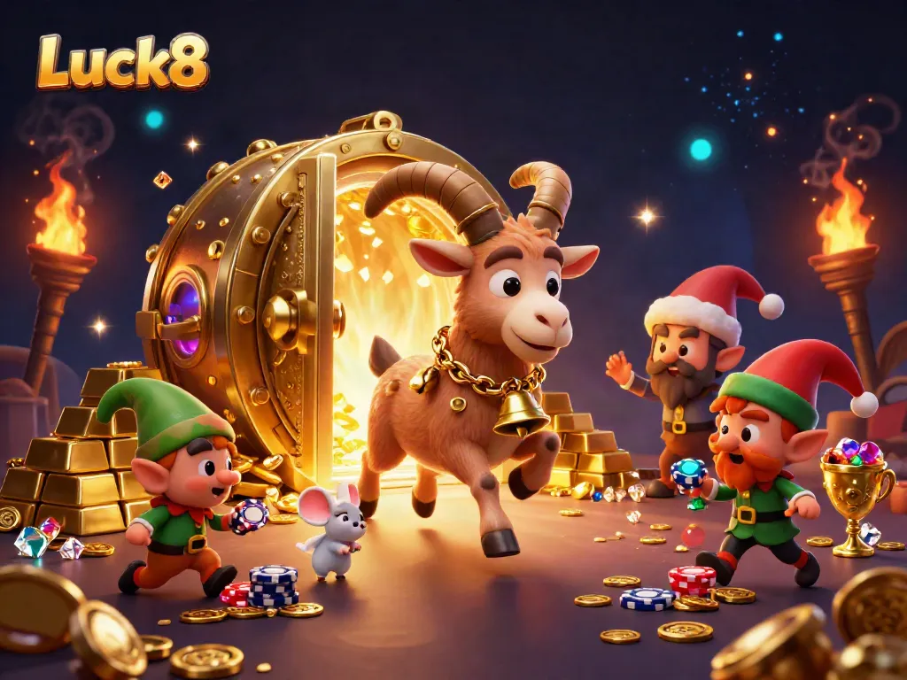 Luck8 brings festive gaming excitement with a spooky Krampus and playful characters amidst golden treasures in a vibrant casino scene.