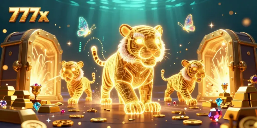Experience the thrill of playing at 777x, featuring a vibrant digital casino with a golden tiger in stunning 3D.