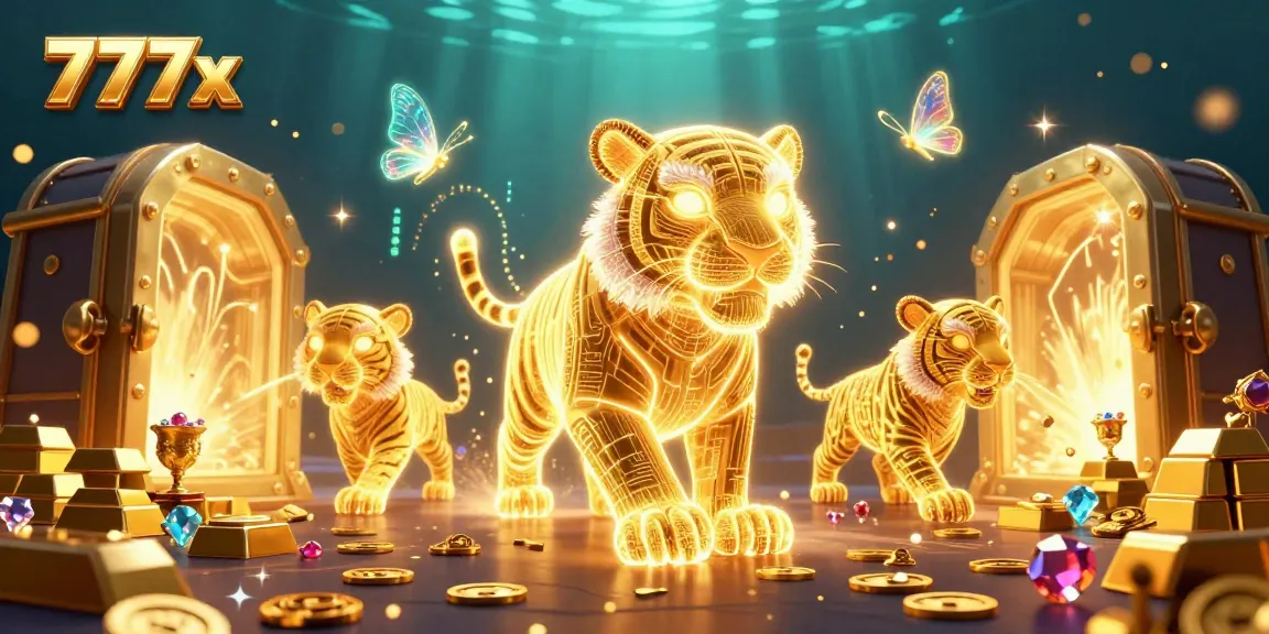 Experience the thrill of playing at 777x, featuring a vibrant digital casino with a golden tiger in stunning 3D.
