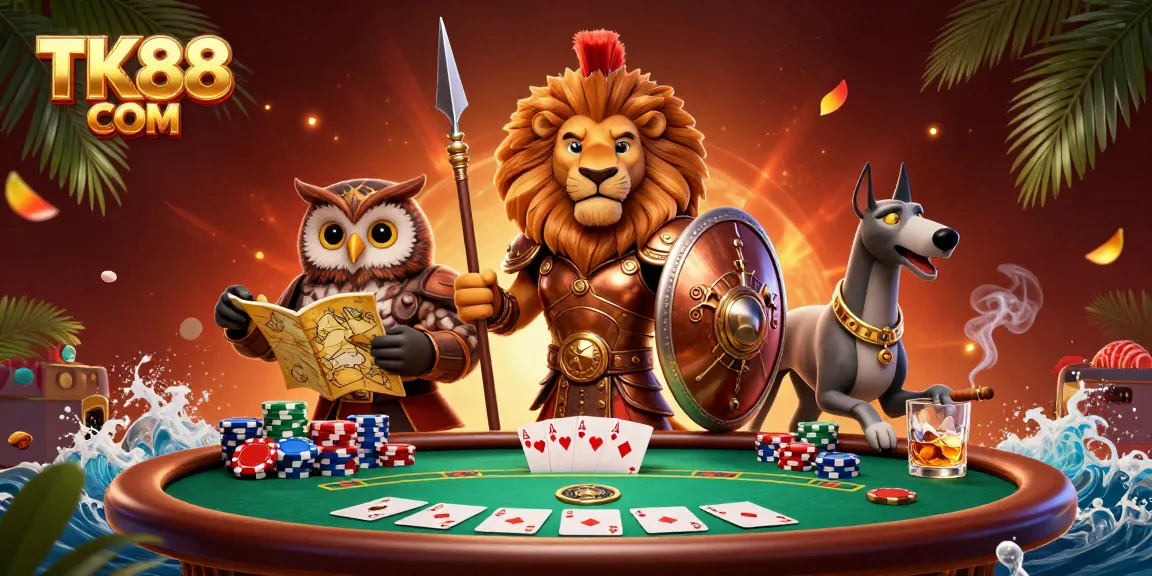 Engage in high-stakes poker at TK88 COM with a vibrant scene showcasing a heroic lion and tactical owl.