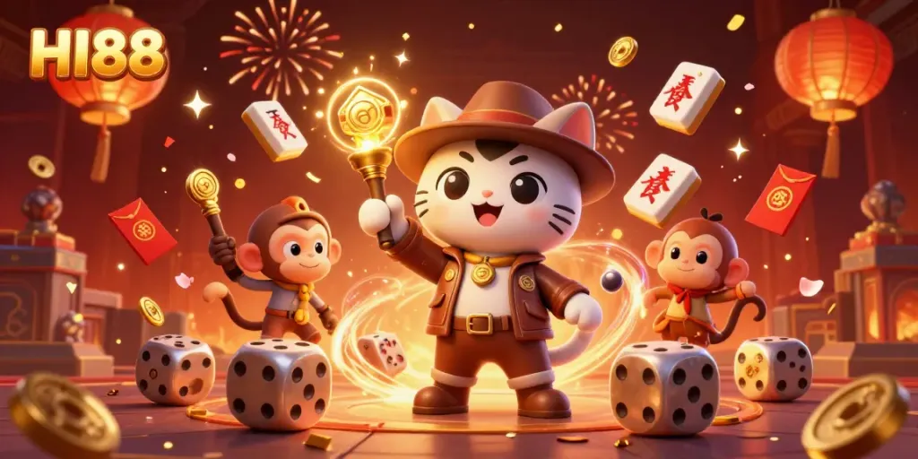Experience the excitement of HI88 with a cartoon explorer uncovering a golden casino artifact amidst vibrant celebration elements.