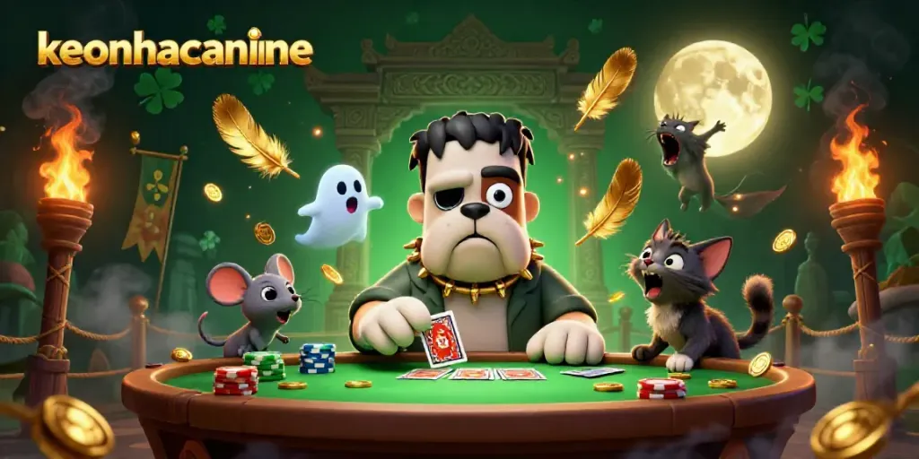 Experience strategic gameplay at keonhacaionline with a lively 3D casino scene featuring unique characters.
