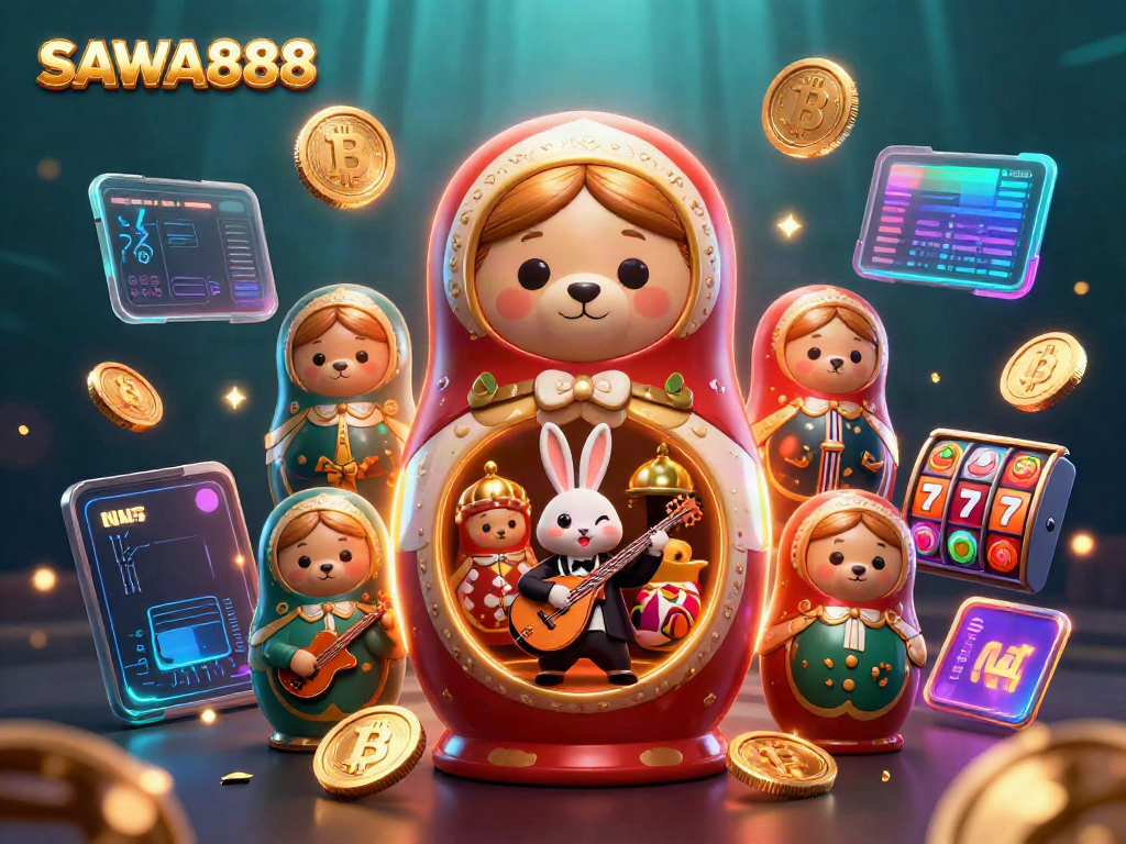Experience slots excitement with SAWA888 featuring vibrant characters and crypto elements