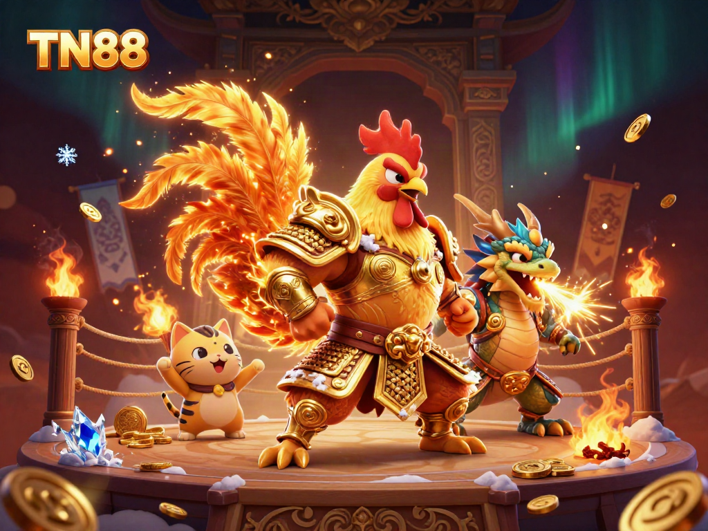 Experience TN88 casino action with a vibrant cartoon scene of warriors and gold coins in a dynamic gambling arena.