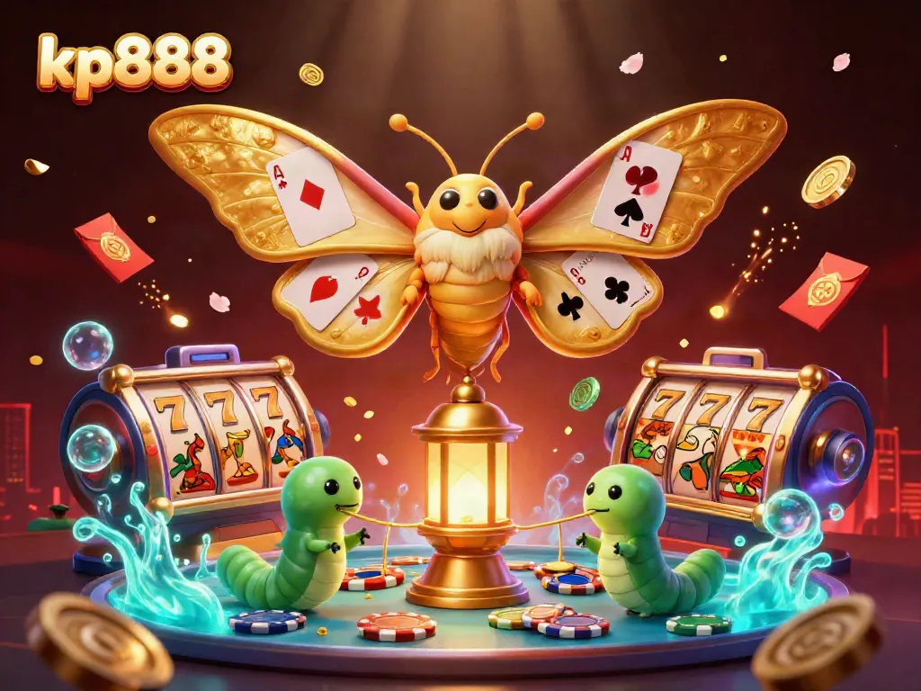 Experience the magic of kp888 with a vibrant 3D illustration showcasing a casino-themed scene packed with excitement.