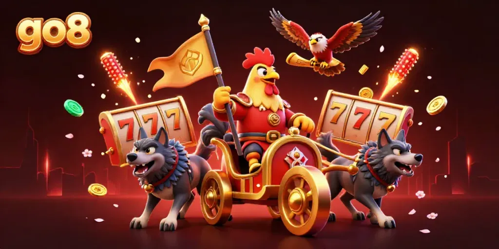 Engage with go8's adventures in a dynamic 3D casino world featuring colorful elements and characters.