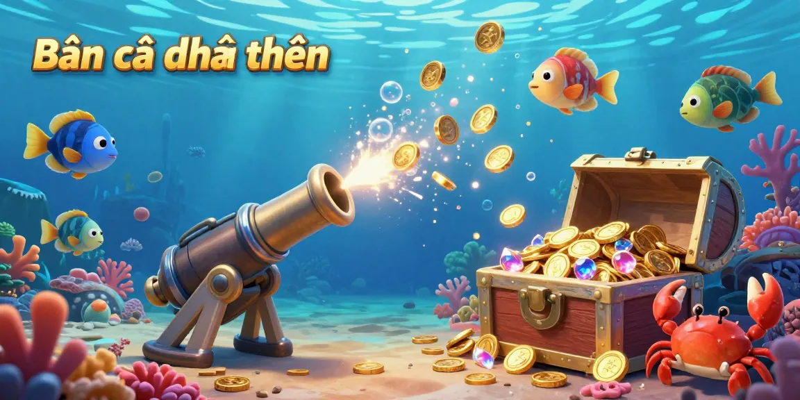 Engage in Bắn cá đổi thưởng with colorful sea creatures and a dynamic underwater cannon.
