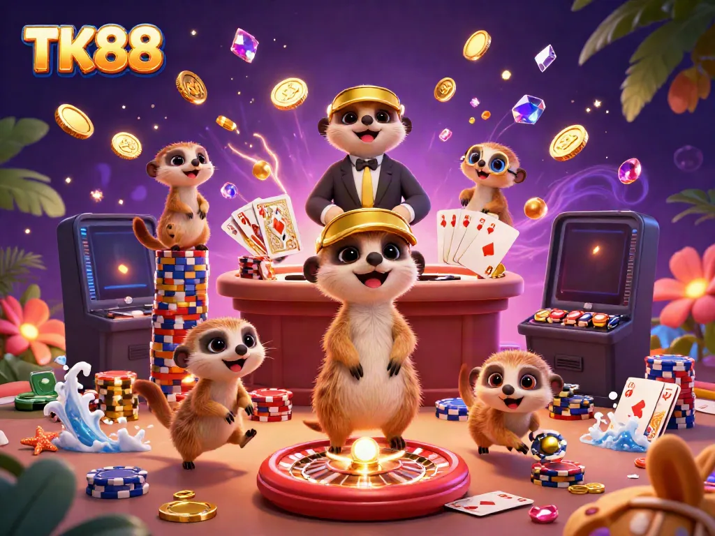 TK88 meerkats running a vibrant casino with coins and gems exploding around them.