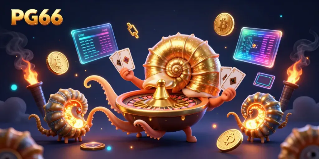 Engage in thrilling gaming experiences with PG66, featuring a giant nautilus roulette wheel surrounded by vibrant crypto elements.