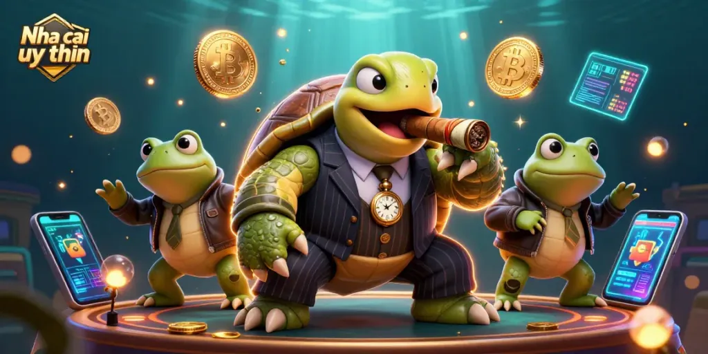 Nha cai uy tin showcases a colorful 3D casino scene with cartoon turtle and bullfrogs in action.