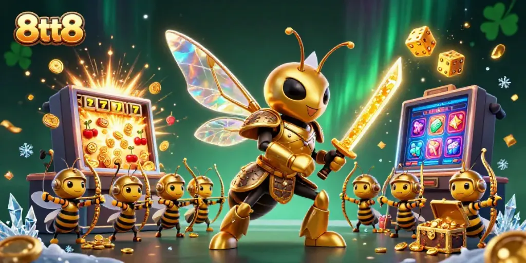 Experience winning thrills with 8tt8's action-packed casino scene featuring dynamic slot machines and mythical characters.