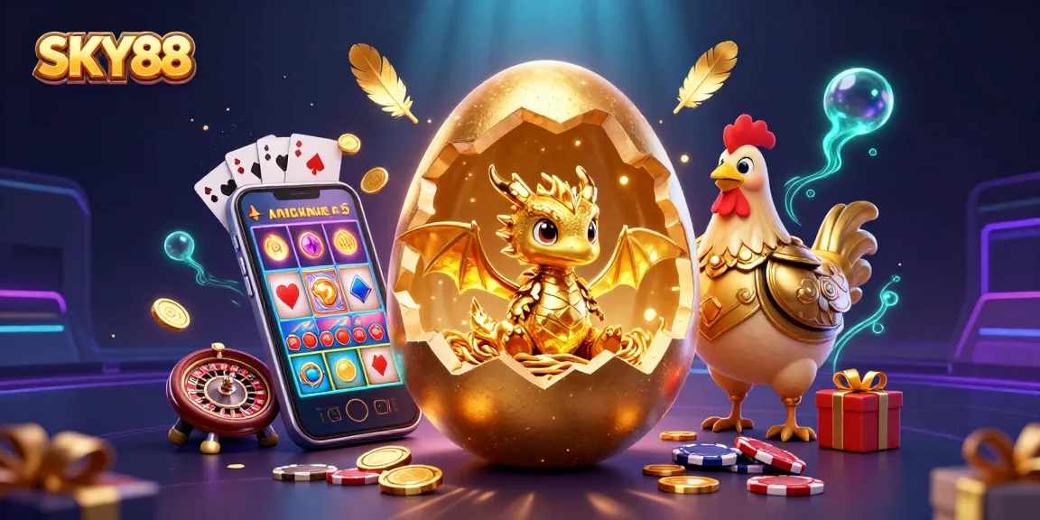 Win big with SKY88 as a golden dragon emerges from a treasure-filled egg amidst casino excitement.